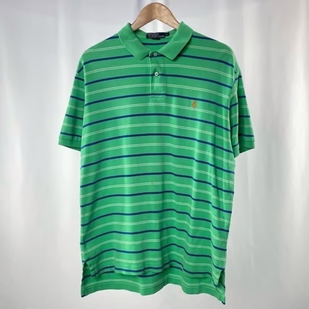 VNTG Polo by Ralph Lauren Men's Green and Blue Striped Polo Shirt